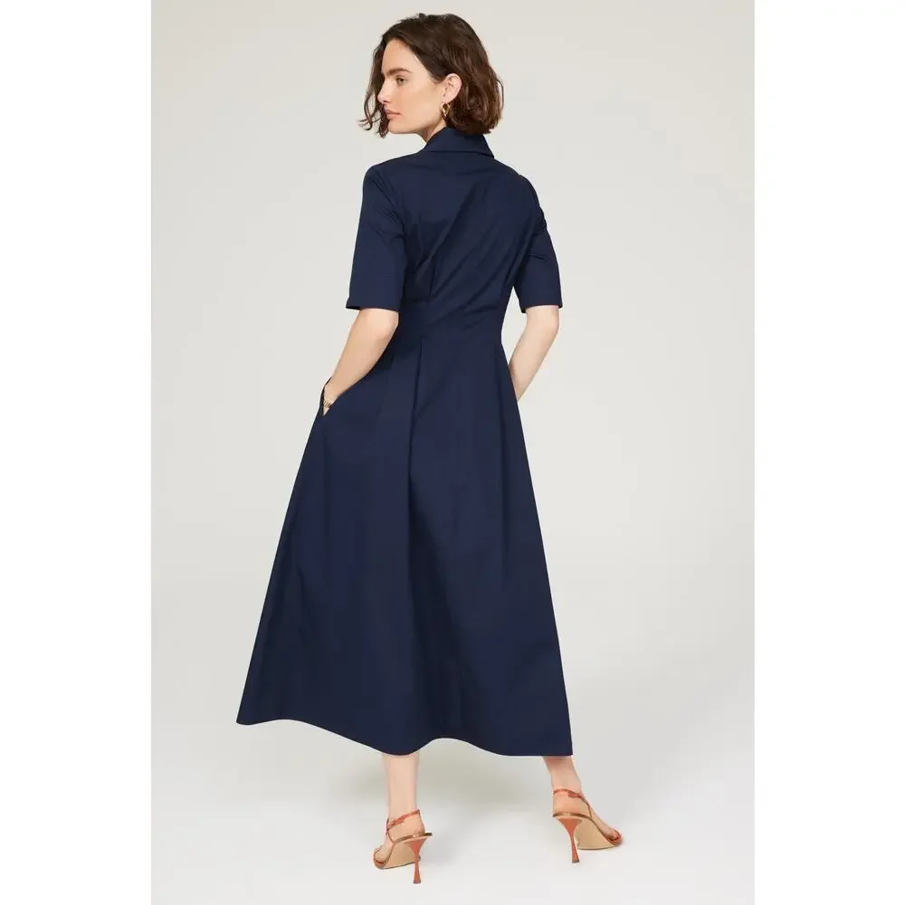 TORY BURCH Dark Blue 100% Cotton A-Line Short Sleeve Wrap Shirtdress Size 0